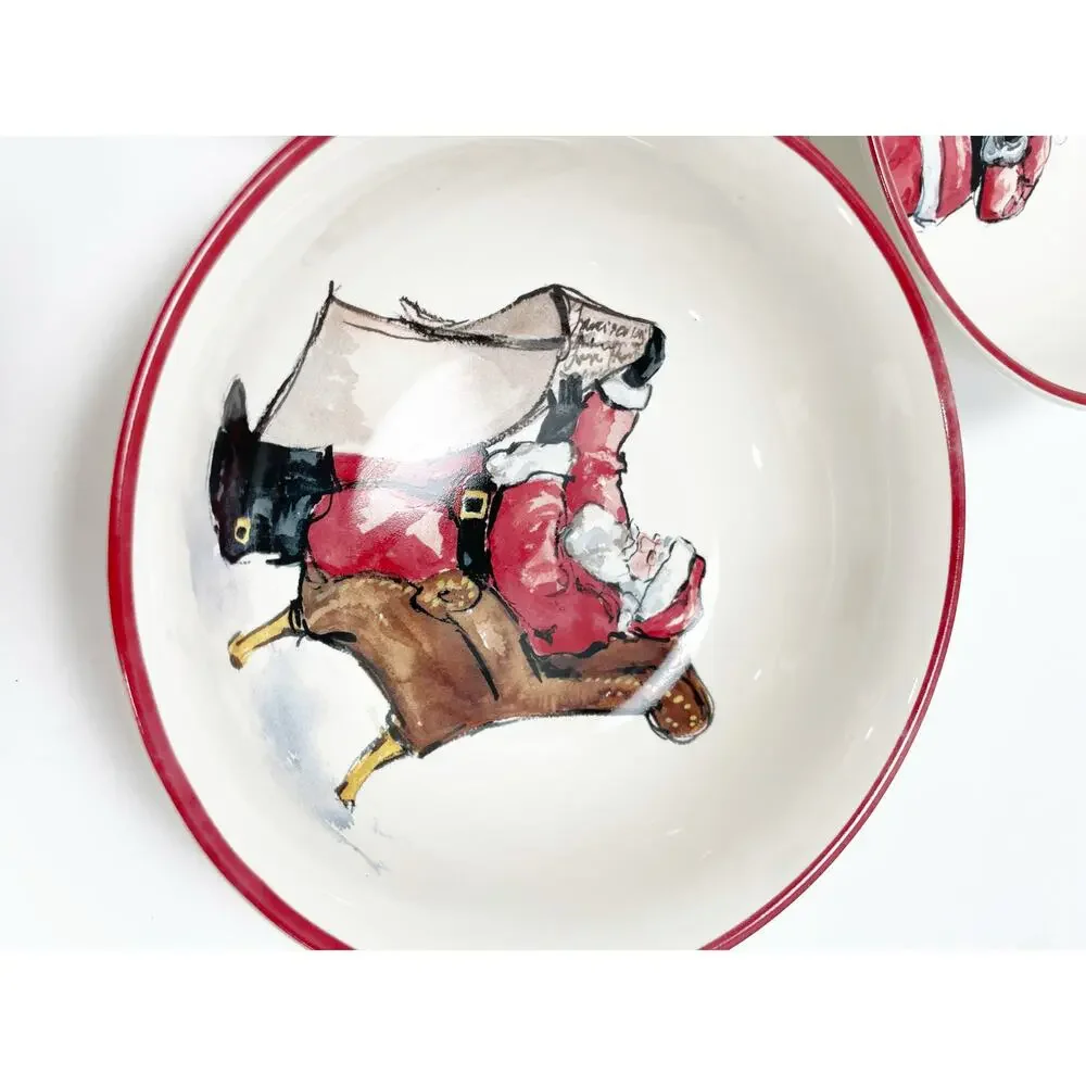 Pottery Barn Painted Santa Stoneware Bowls Christmas Set of 3